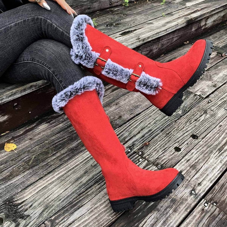 Mepaouo Knee High Boots for Women Fleece Lining Winter Snow Boot Round Toe Dress Long Tall Boots