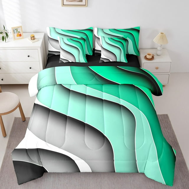 YST Dégradé Vert Sarcelle Gris, Ensemble de Douillette 7 Pcs, Literie à Rayures Géométriques, Format Lit Simple