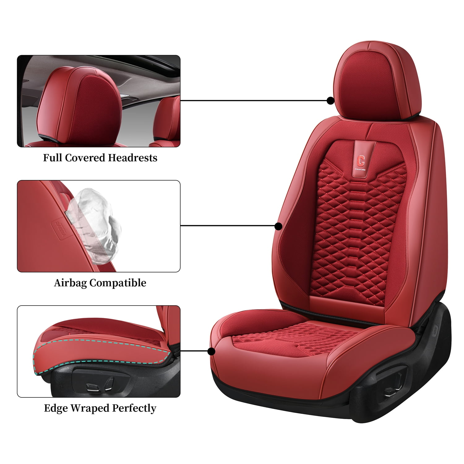Coverado Red Car Seat Covers Full Set, 5 Seats Leather&Fabric Front and Back Auto Protectors, Breathable Interior Cushions Universal Fit Most Sedans SUV Pickup Trucks