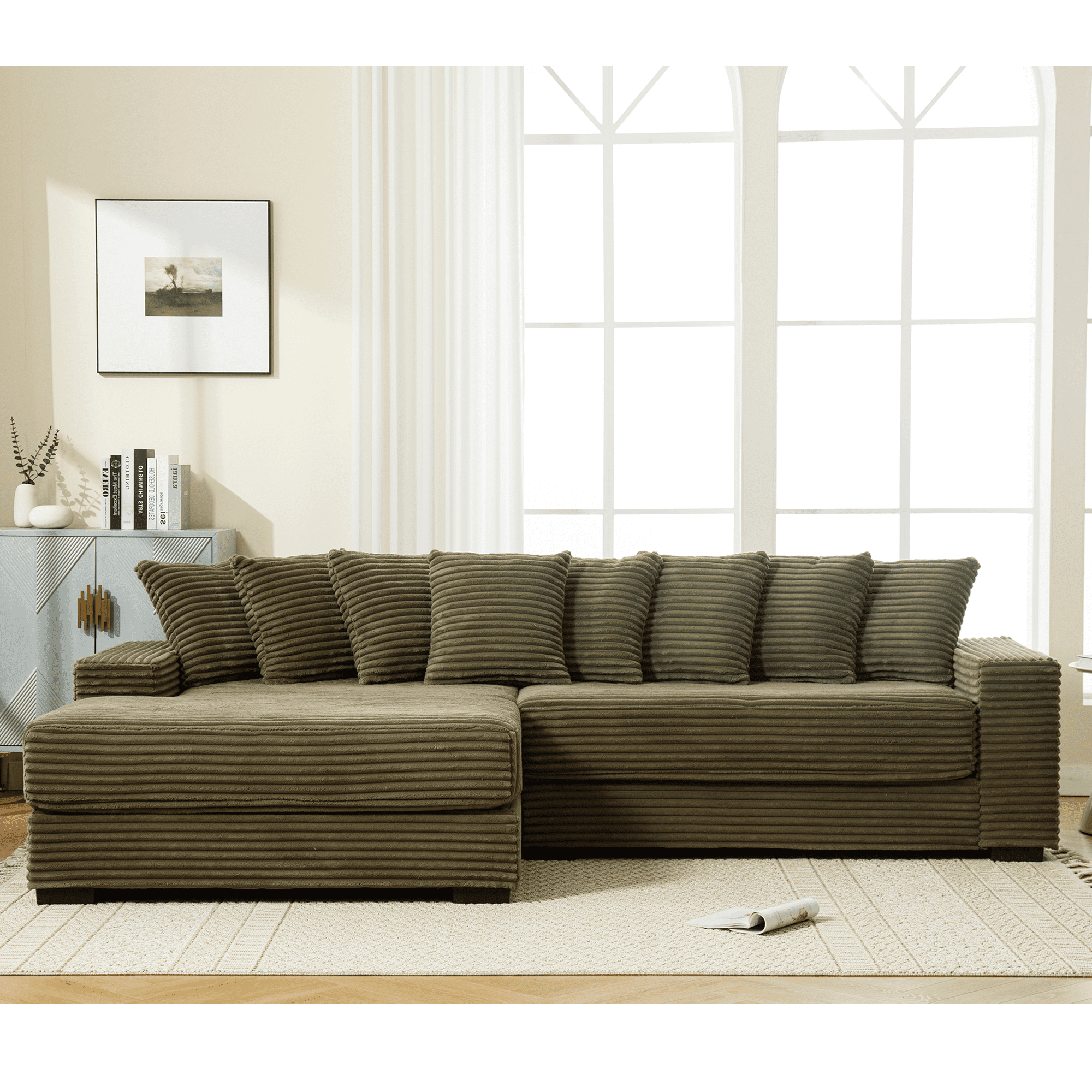 AISWORD 111" Oversized 3-Seat L-Shaped Sectional Sofa with Right Chaise, Luxury Corduroy Fabric Modular Couch with 8 Throw Pillows, Easy Assembly for Living Room