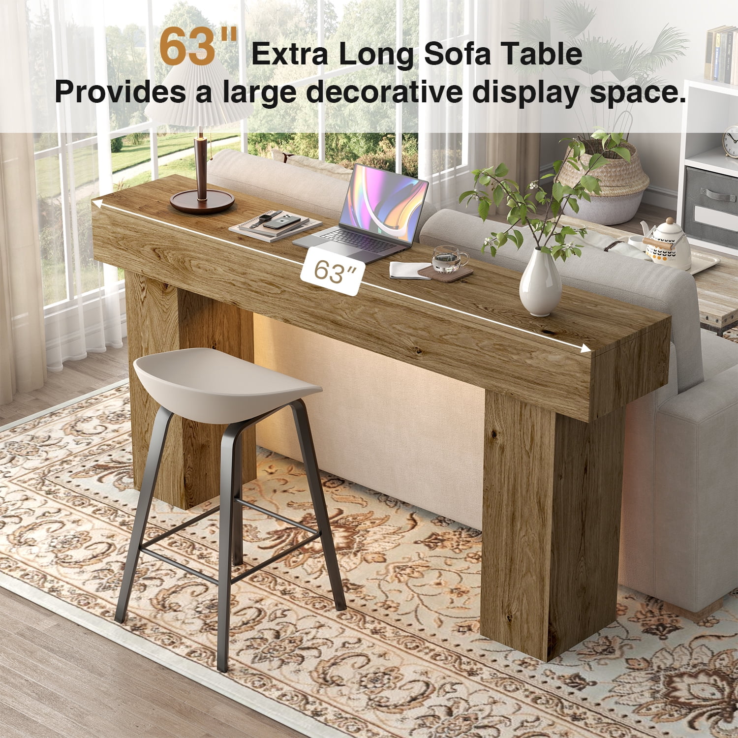 Doubleslee 63 Inch Long Console Table, Farmhouse Wood Entryway Table Behind Couch, Industrial Hallway Accent Table for Living Room（Natural)
