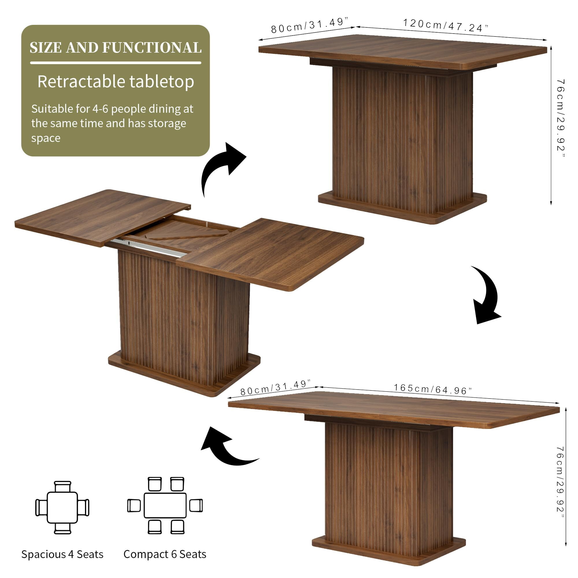 Extendable Black Dining Table 47-65", Seats 4-6, Fluted Wood Kitchen Table with Storage, Mid Century Modern, Walnut