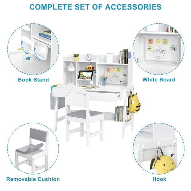 GDLF Kids Desk and Chair Set, Adjustable, White, with Whiteboard