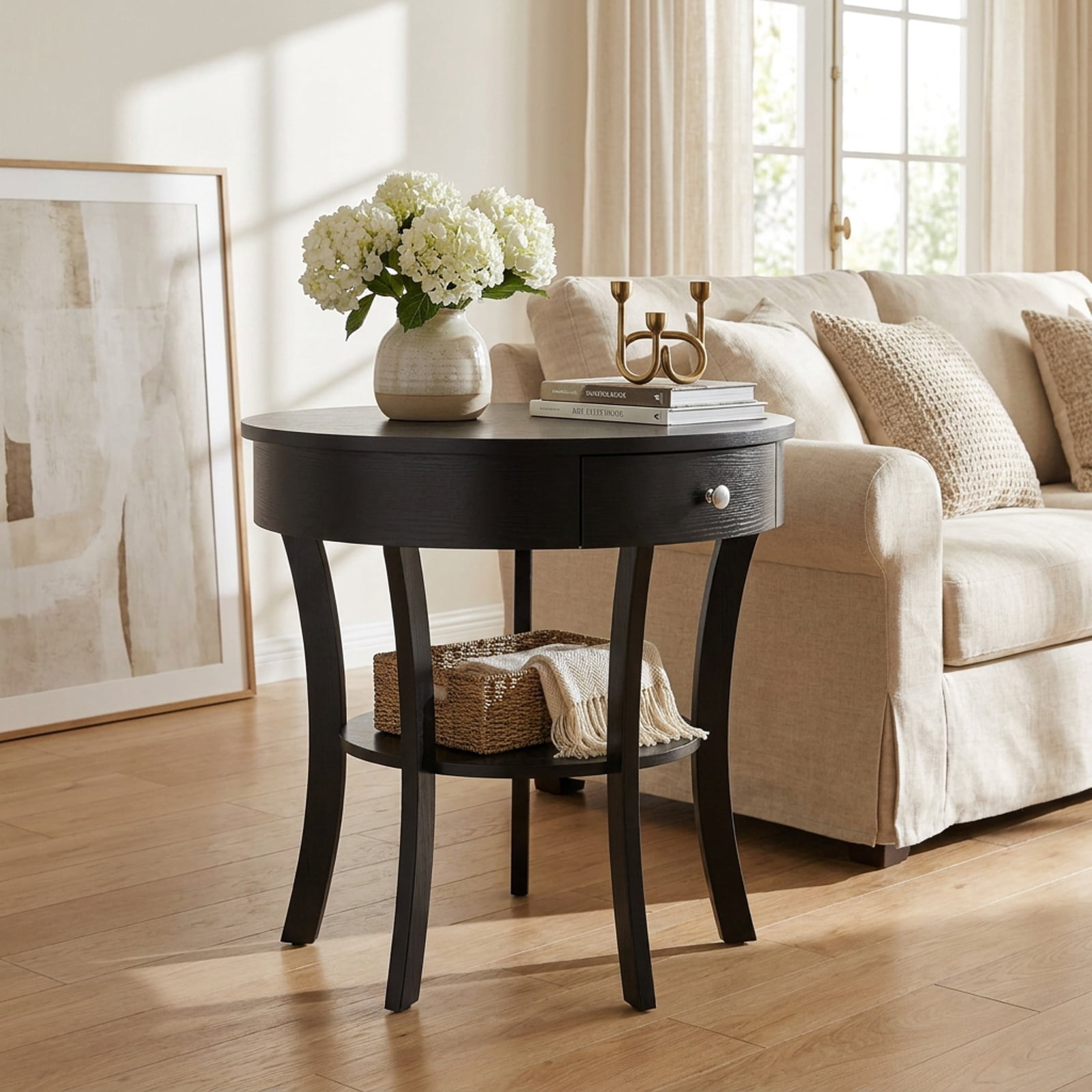 Furnibear 2 Tier Round End Table with Open Drawer and Storage Shelf for Living Room Bedroom and Bedside Accent Space, Black