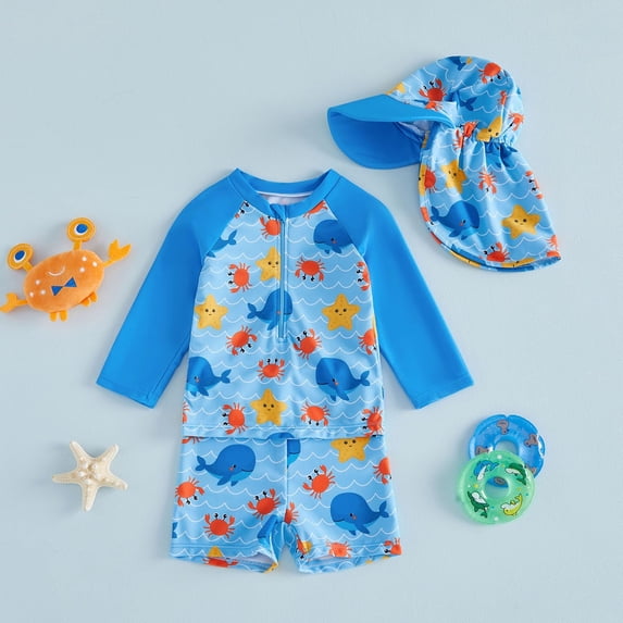 Ticikt Baby and Toddler Boys' 3-Piece Cartoon Swimsuit Set Bathing Suit with Hat, Boys Swim Shirt and Boy Swim Trunks Rash Guard Bathing Suits,Color:Blue,Size:2-3 Years
