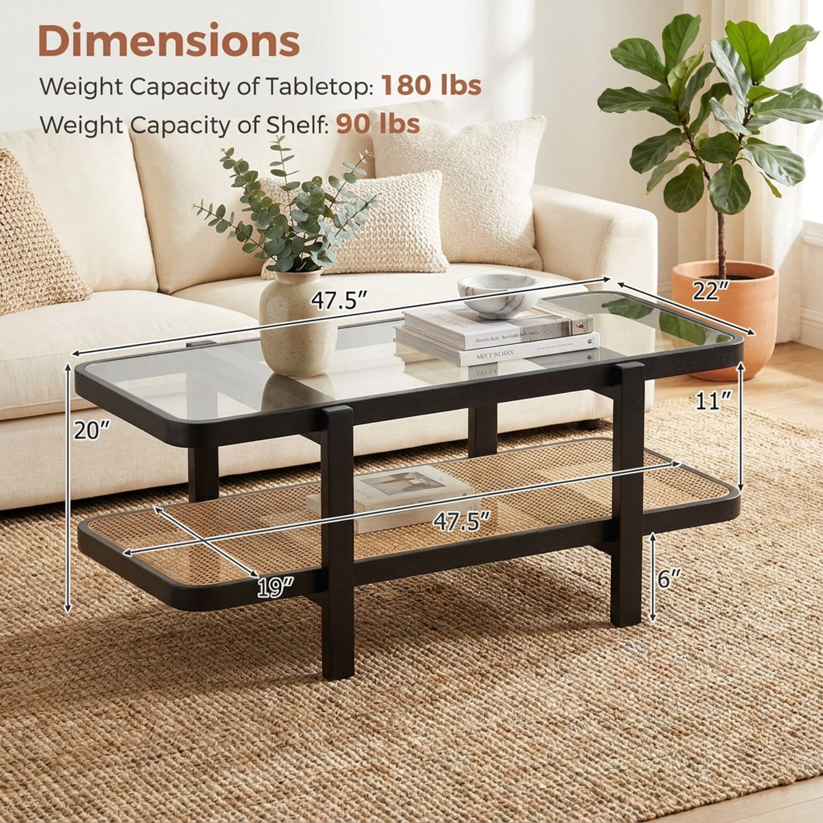 Furnibear 2 Tier Coffee Table with Acacia Wood Frame Tempered Glass Tabletop and Rattan Storage Shelf for Living Room, Brown