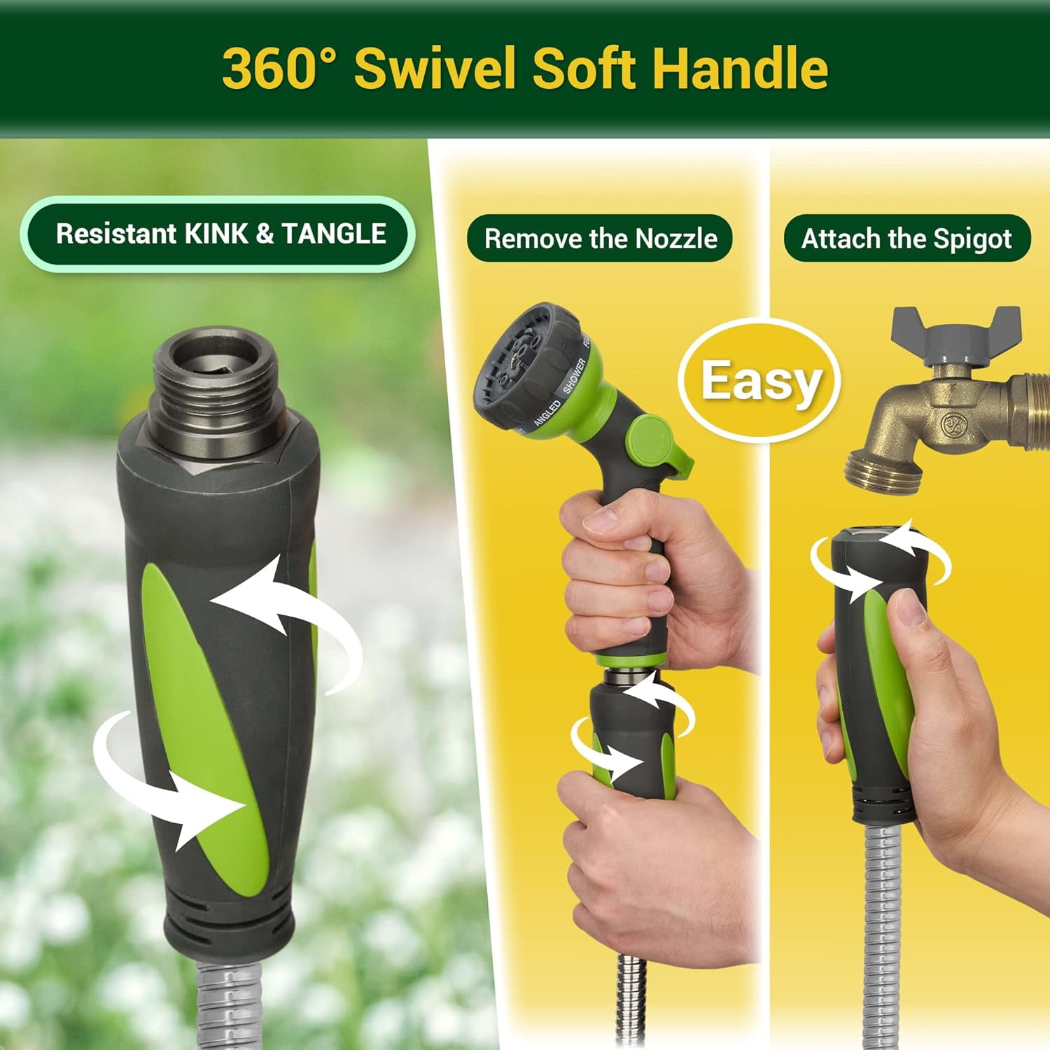 Garden Hose - Water Hose 50 FT with Swivel Handle & 8 Function Nozzle, Flexible, Heavy Duty, No Kink, Lightweight Metal Hose for Outdoor, Yard, 304 Stainless Steel