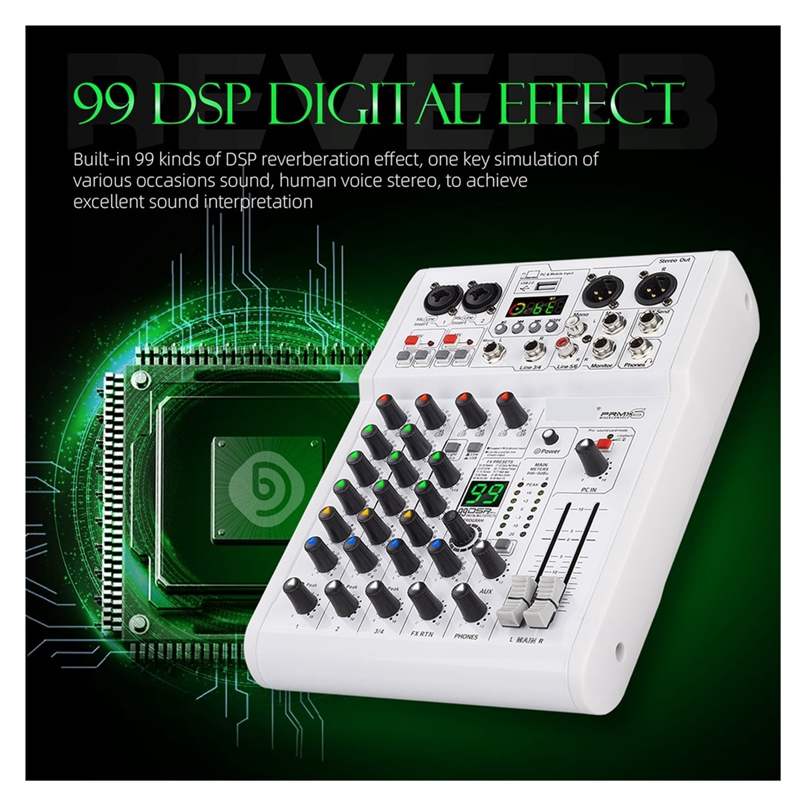 Mixer DJ Console 99 DSP Effects Mixing Console PRMX-6 With 5.0 BT 24bit/192k For Recording Musical Instrument ,Easy to Operate