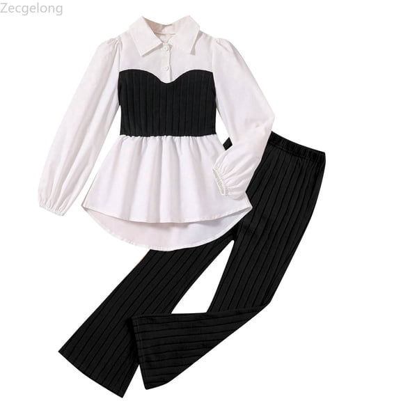 Zecgelong Girl's 2 Piece Outfits Button Ruffle Hem Puff Sleeve Shirt and Flare Pants Suit Set Age 5-6 Years