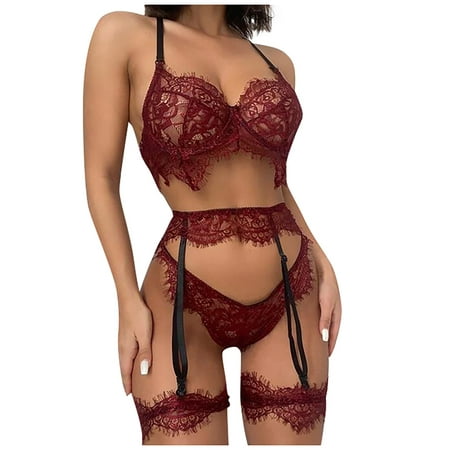 

YDKZYMD Red Lingerie Set for Women Sexy Lace Plus Size Eyelash with Garter Bra and Panty Set 3 Piece L