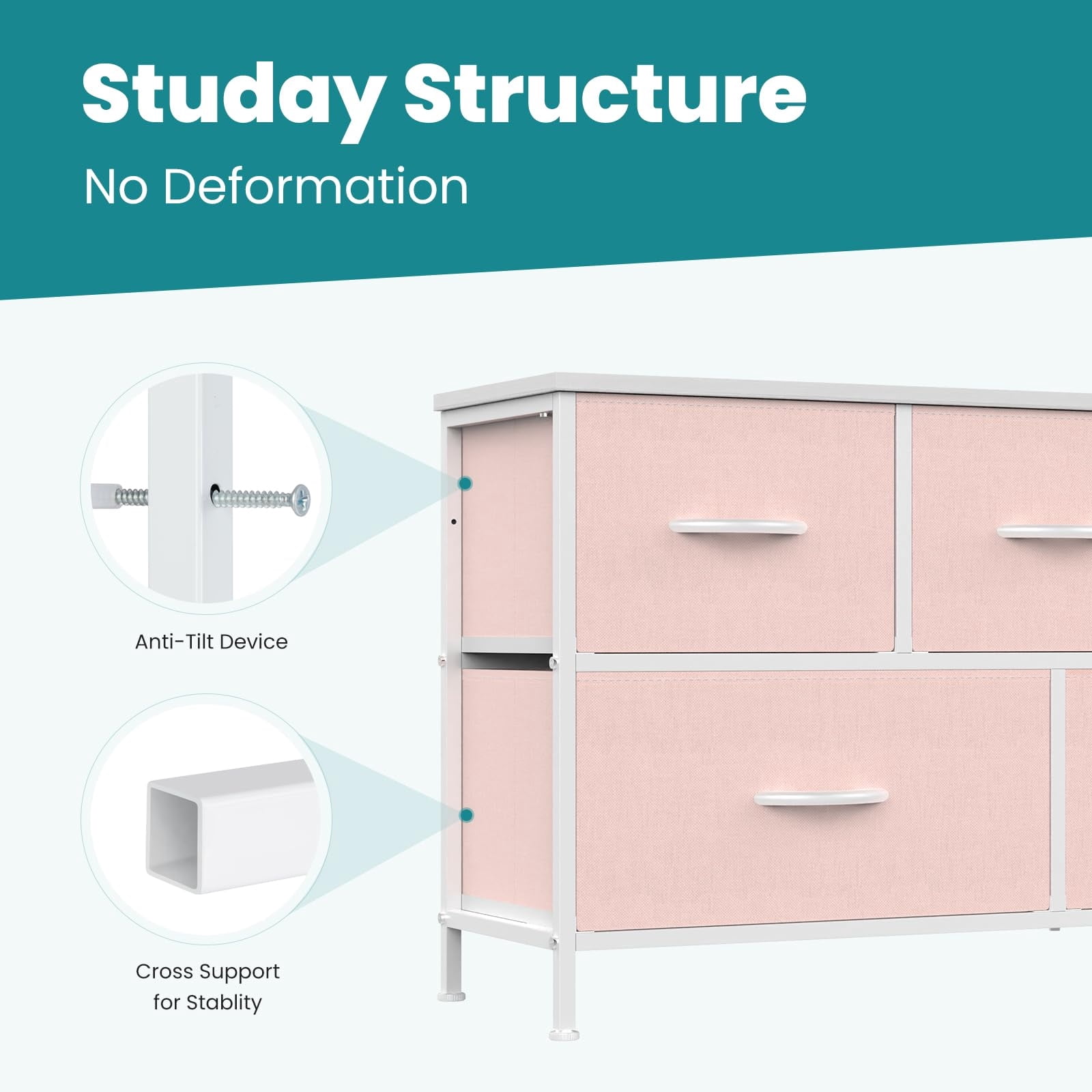 Telyra 5-Drawer Fabric Dresser TV Stand Organizer with Wood Top and Metal Frame, Pink