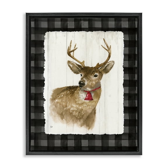 Stupell Industries Deer with Red Bell Animals & Insects Painting Black Floater Framed Canvas Art Prints Wall Art, 17 x 21
