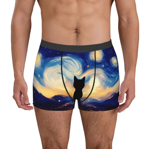 Balery Cat Under Starry Skies Calzoncillos bóxer para hombre, ropa interior de algodón suave y transpirable con cinturilla de nailon-Medium