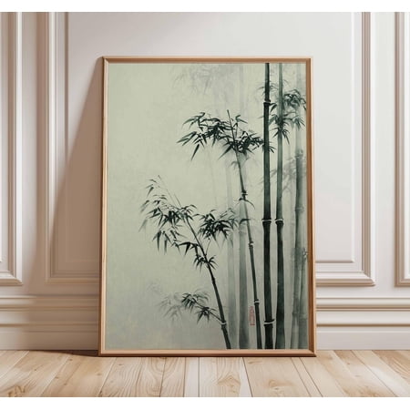 Japanese Bamboo Wall Art Print With Zen Ink Wash Nature Decor