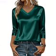 thumbnail image 4 of Women Silk Satin Tops Cap 3/4 Length Sleeve Blouse Summer V Neck Shirts Business Casual Outfits #01Green L, 4 of 6