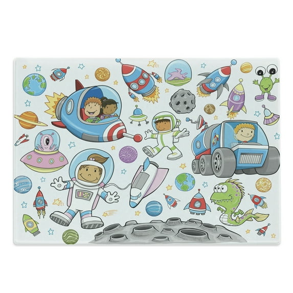 Outer Space Cutting Board, Deep Space Astronaut Girl Boy Aliens Rockets on Moon Theme, Decorative Tempered Glass Cutting and Serving Board, Large Size, Multicolor, by Ambesonne