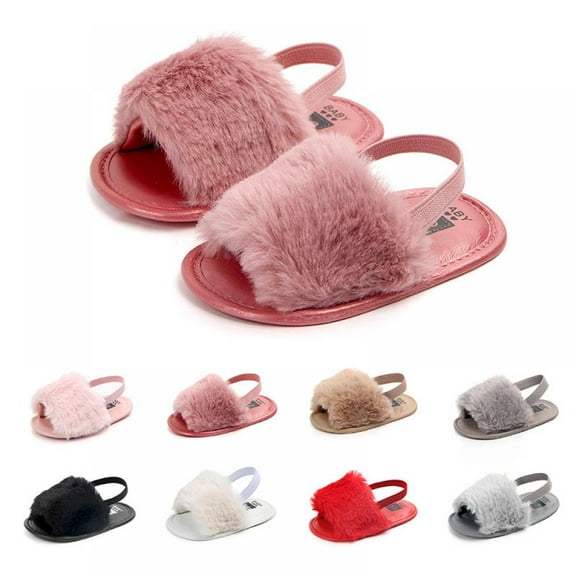 Infant Baby Girls Sandals Elastic Back Strap Flats Slippers Soft Toddles Princess Shoes Faux Fur Slides Shoes First Walker House Shoes 0-18 Months