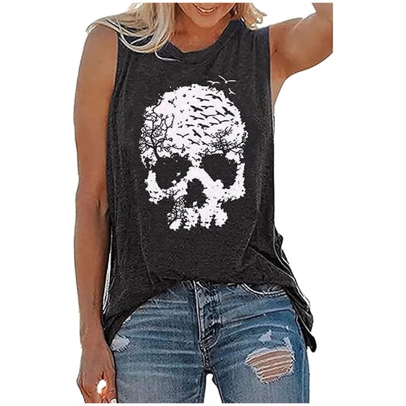 DHFJKG Sleeveless Tank Tops For Women Summer Casual Loose Fit Skull Print Crew Neck Graphic Tees Versatile Top