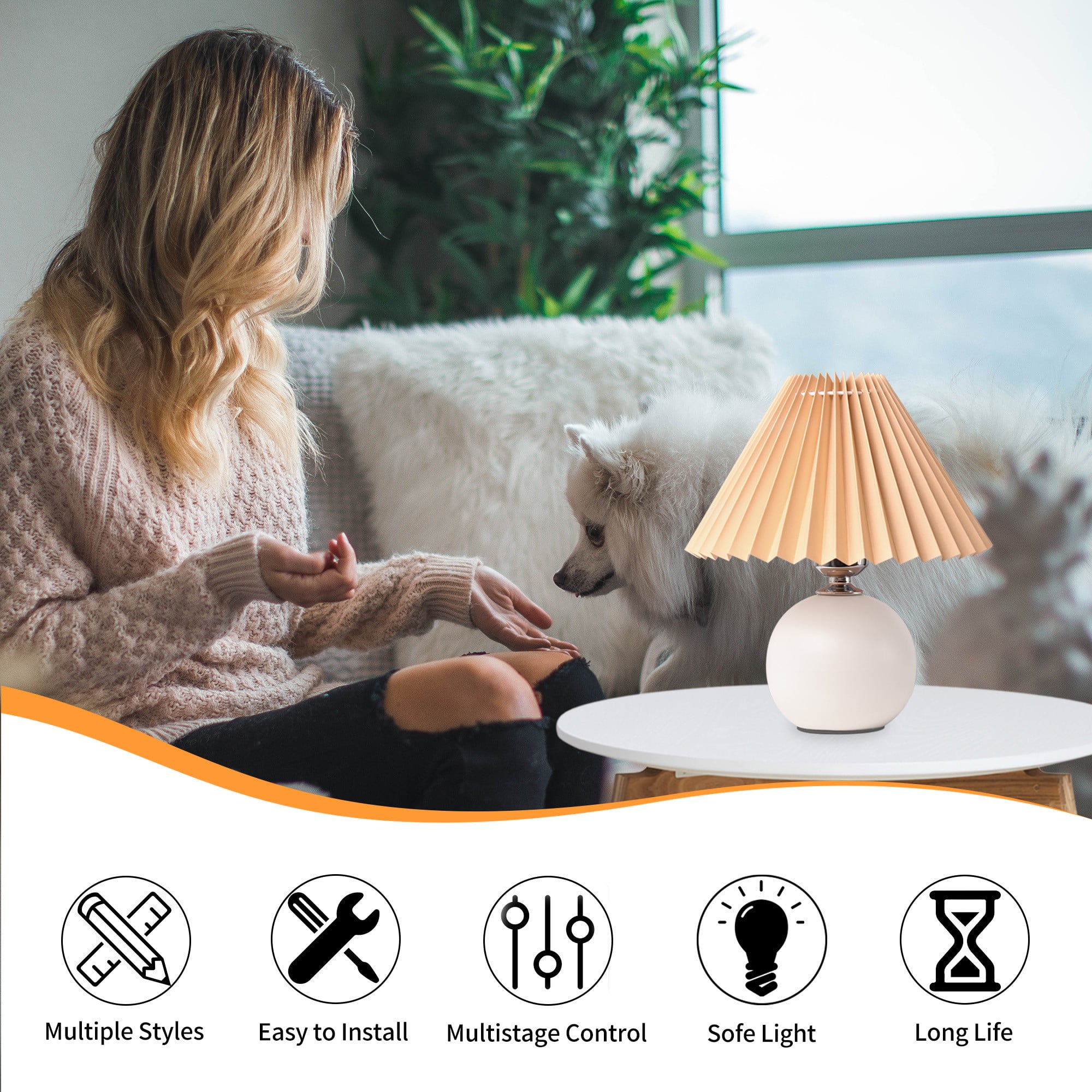 BSOD Table Lamps For Bedroom With Pleated Shade,LED Desktop Bedside Nightstand Lamp Art Decor for Bedroom, Office, Living Room, Kids Dorm, White and Brown
