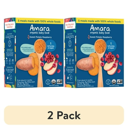 (2 pack) Amara Organic Baby Food Sweet Potato Raspberry, No Added Sugar, Stage 2, 5 Individual Servings