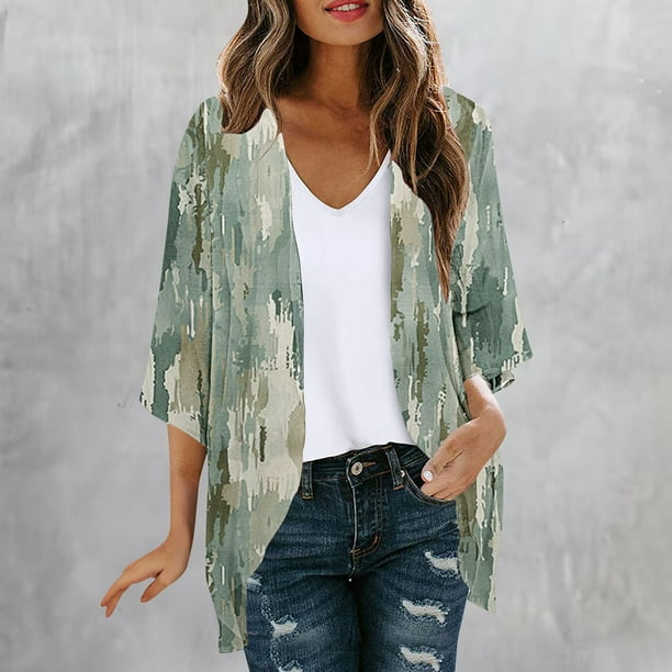 Cárdigan de manga larga para mujer, estampado, informal, blusa, abrigo