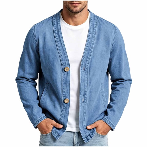 Vintage Long-Sleeve V-Neck Pocket Denim Button-Up Cardigan Jacket Casual Lightweight Jean Coat for Men