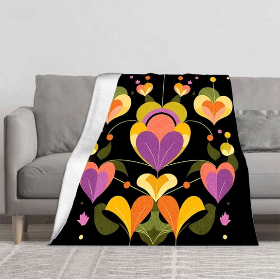 Vibrant Floral Pattern Flannel Blanket - Heart - Shaped Flowers on Black Soft & Cozy for Sofa Travel Bed Chair