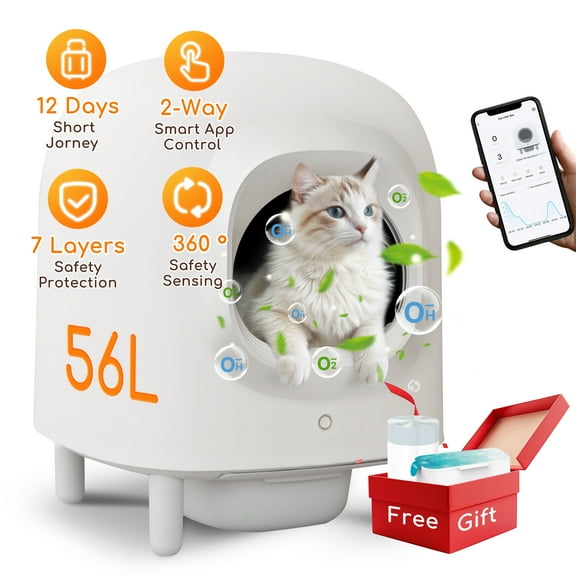 Aoruefar Automatic Self-Cleaning Cat Litter Box with Odor Removal, WiFi APP Control, and Safety Protection, Includes Garbage Bags (White)