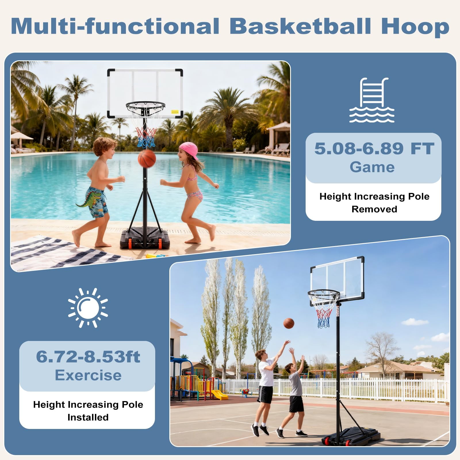 Atilioo Portable Basketball Hoop Stand with 44" Shatterproof Backboard, 5.08-8.53FT Adjustable Basketball Goal System, 2 Wheels, Fillable Base for Adults and Kids in Indoor/Outdoor, White