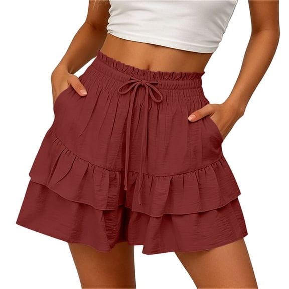 GUACER Women's Flowy Ruffle Shorts Boho Tiered High Waisted Paperbag Summer Beach Shorts with Pockets