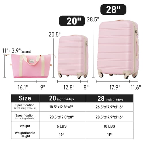 ACE-Travel,20"28" Luggages Sets and A Travel Bag(3PCS) with TSA Lock,Spinner Wheels,Telescopic Handle,Durable,Lightweight,Hardshell(ABS) Suitcase Sets(Light Pink)