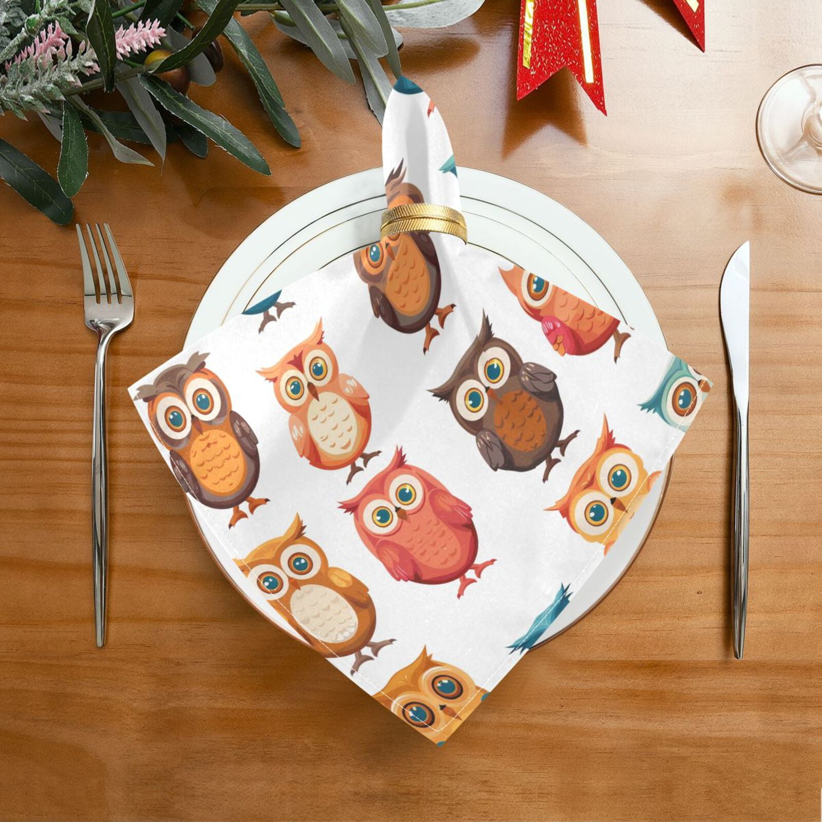 JSTEL Owl Prints Cartoon Cloth Napkins Set of 6, 20x20 Inch Washable and Reusable Napkin for Decoupage Dinner Party Everyday Use