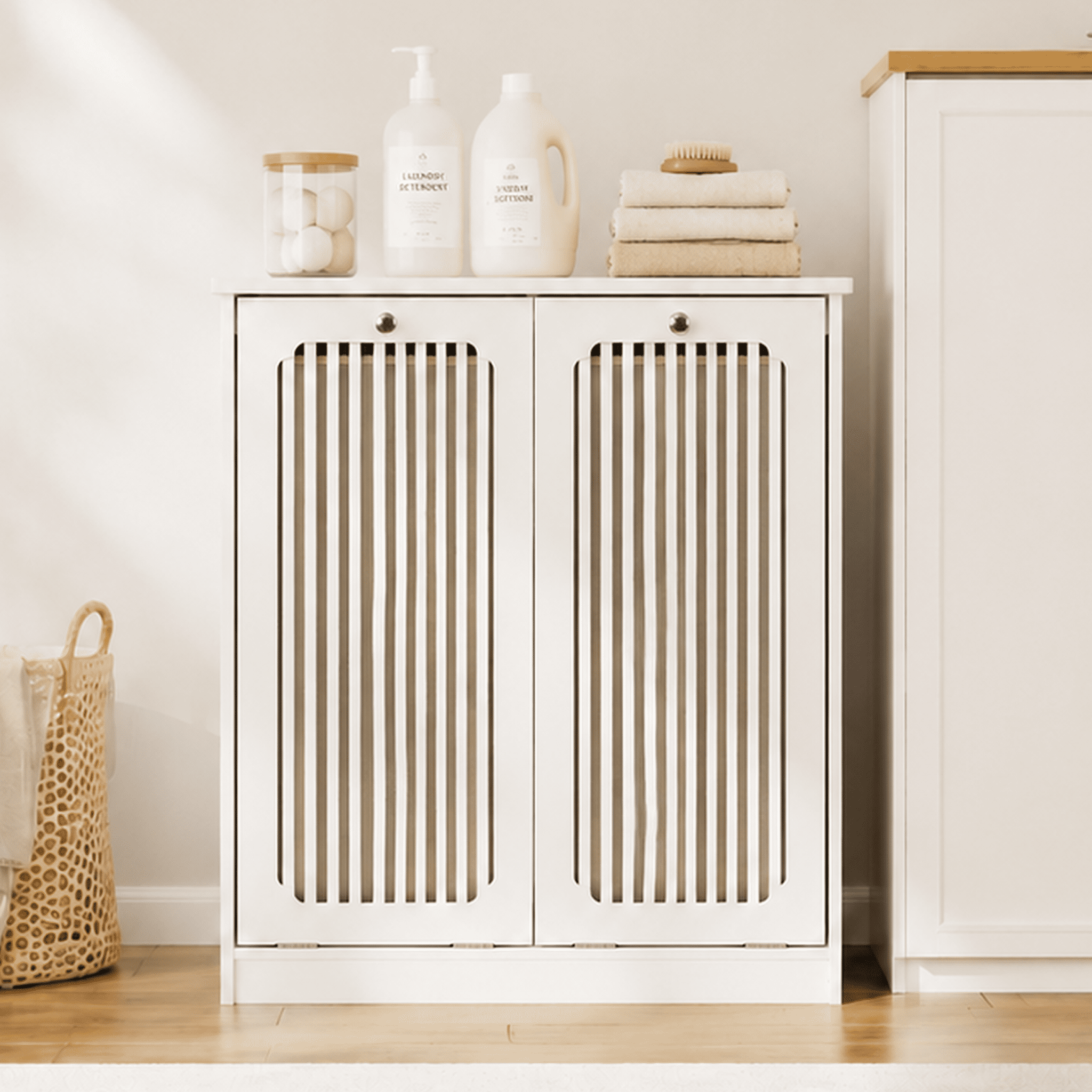 Flip-Top Louvered Laundry Hamper Cabinet with Dual Fabric Compartments, Moisture Resistant MDF Freestanding Storage Organizer for Bathroom Balcony Laundry Room