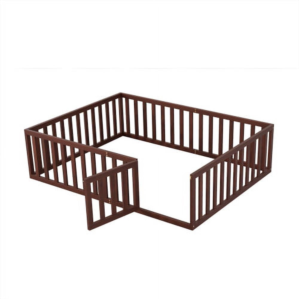 Queen Size Floor Bed for Kids, Wood Queen Montessori Bed Frame with Fence Guardrails and & Support Slats, Queen Playhouse Bed with Door Design, Kids Fence Bed Playpen Bed for Boys ,Girls, Walnut