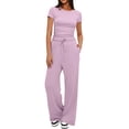 thumbnail image 2 of Cagogo Women's 2 Piece Shorts Set Casual Summer Cruise Outfits Loose Short Sleeve Crew Neck Tops Pants Matching Lounge Sets Airport Travel Outfit Clothes, Pink 2XL, 2 of 8