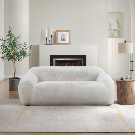 Roundhill Furniture Adell Polar Bear Faux Fur Upholstered Sofa Ivory White