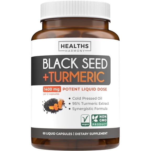 Healths Harmony Black Seed Oil Capsules w/ Turmeric Curcumin for Mobility & Immune Support, 60 Count
