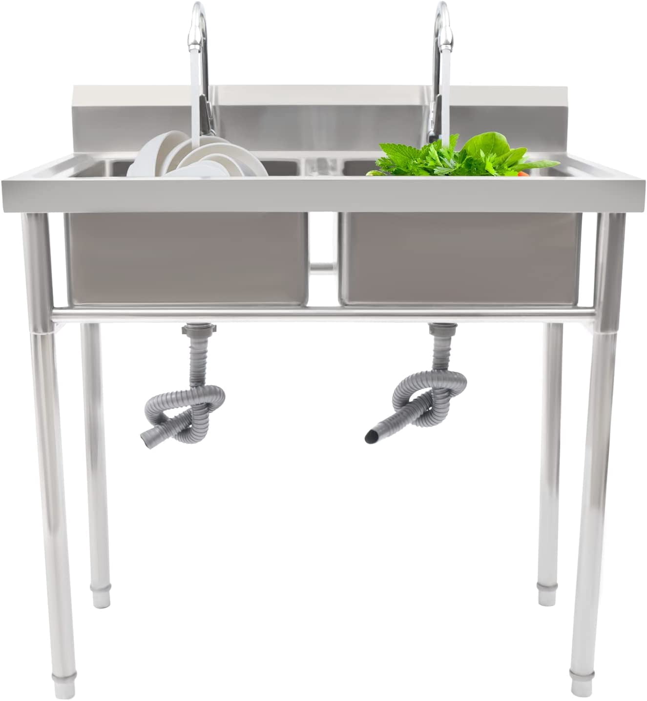 Miumaeov Commercial Stainless Steel Kitchen Utility Sink w Backsplash 2 Compartments