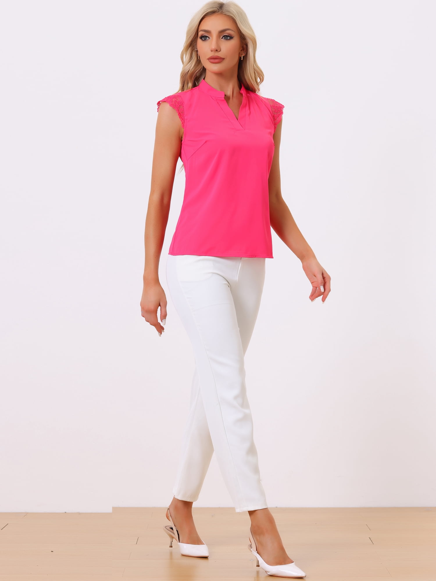 DARING DIVA Women's V Neck Sleeveless Basic Blouse Top M Hot Pink