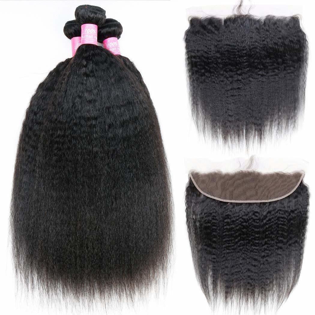 Brazilian Kinky Straight Human Hair Bundles With Frontal Free Part Ear to Ear Remy Sew in Hair Extensions Natural Black(16 18 20 with 14)
