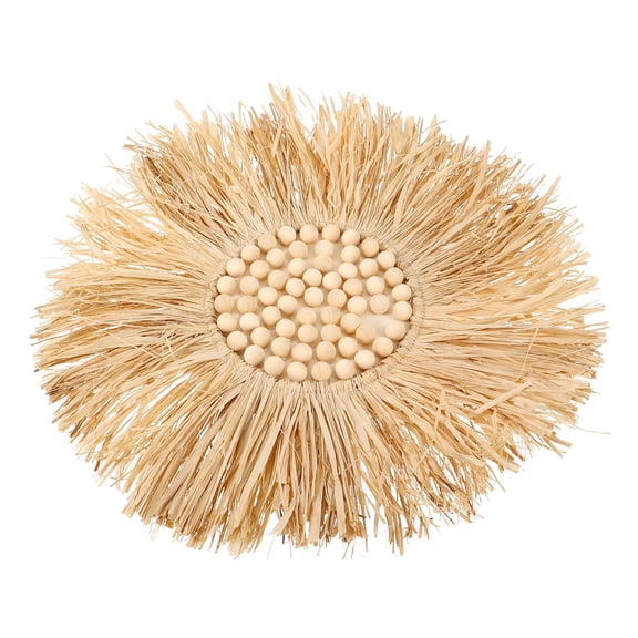 TAILTOSS Rustic Raffia Wall Hanging with Wooden Beads, Khaki Nordic Style Home Decor Ornament for Living Room