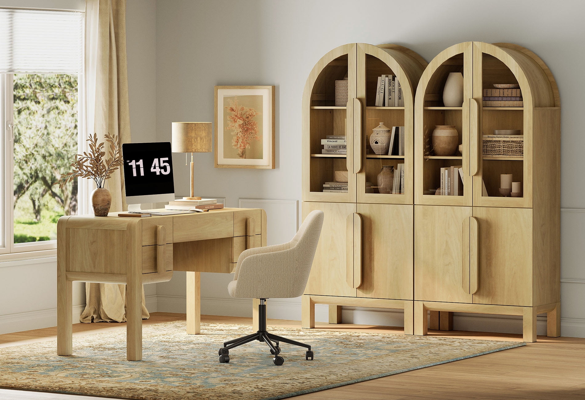 Home Office Set, 53.5" Modern Executive Desk with Charging Station and Drawers & 2 Piece 71"H Tall 3-Tier Arched Bookcases with Glass Door for Living Room, Bedroom, Home Office