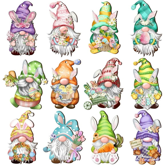 24 Pieces Easter Wooden Gnome Hanging Ornaments, Wood Hanging Decor for Easter Spring Tree Decoration Gnomes Bunny Doll Wooden Hanging Craft Easter Party Supplies Home Decor