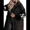 thumbnail image 2 of Chaqueta Cortavientos de Punto con Capucha y Larga para Mujer, de Gran Tamaño, Informal, con Cordón Ajustable en la Cintura y Cremallera. Negro L, 2 of 7