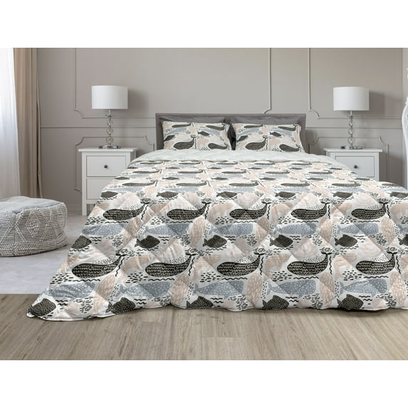 Whale Comforter & Sham Bedding Set, Animal Silhouettes with Different Designs Curved Lines Dots and Chevrons, 3 pcs Duvet Set Microfiber Filling Quilt, 5 Sizes, Slate Blue Peach Black, by Ambesonne