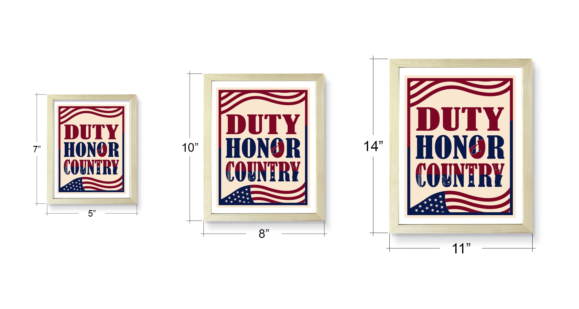 Designs ByLITA Duty, Honor, Country, 11 x 14 White Wall Print (Framed) | USA Patriotic Decoration