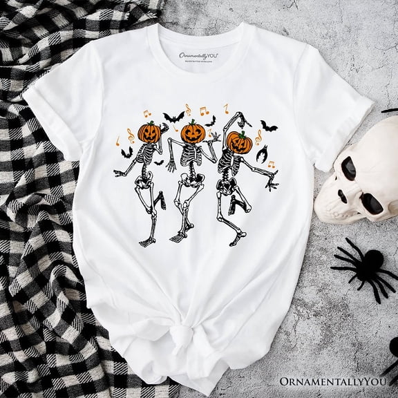 Dancing Skeletons with Pumpkin Head T-Shirt, Dry Bones Come Alive Halloween Fun Tee