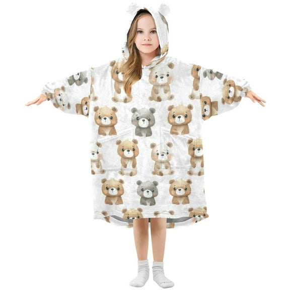 Wearable Blanket Hoodie for Kids Cute Bear Flannel Hooded Blanket with Pockets and Sleeves Suitable for Boys and Girls
