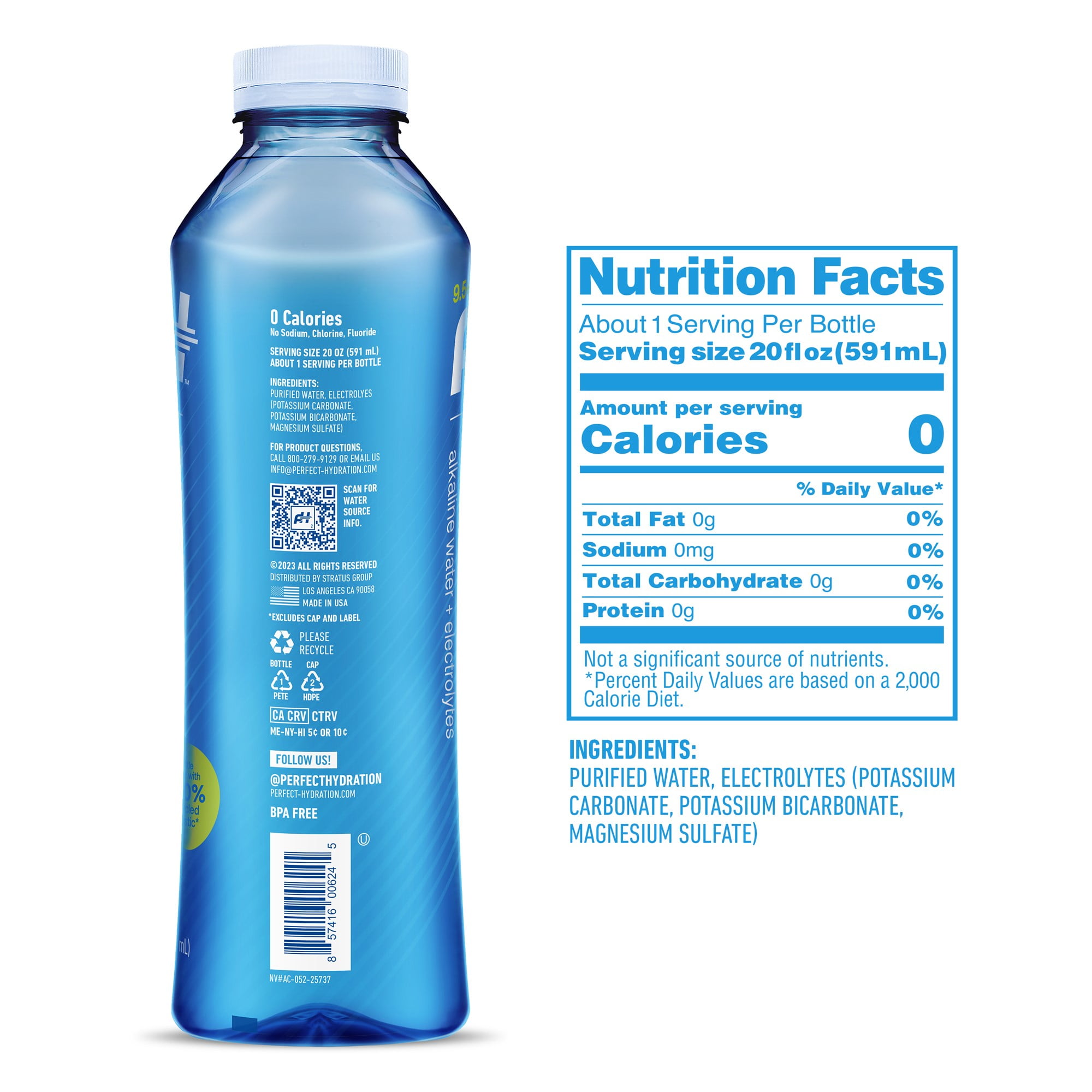 Perfect Hydration 9.5 pH Alkaline Water, Electrolytes for Taste, Bottles Made with 100% Recycled Plastic, 20 Fl Oz, Case of 24 Bottles, 3 Cases