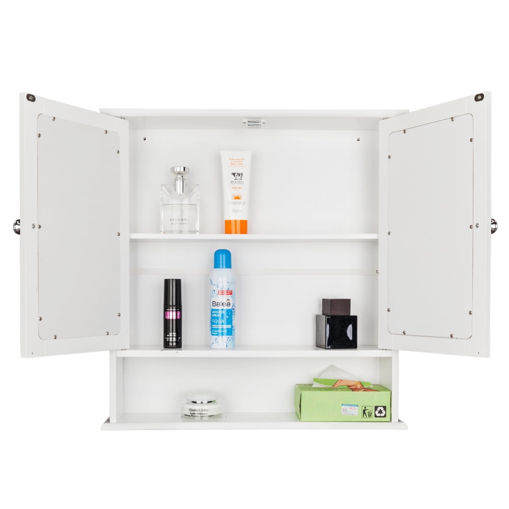 Double Door Mirror Indoor Bathroom Wall Mounted Cabinet Shelf, White